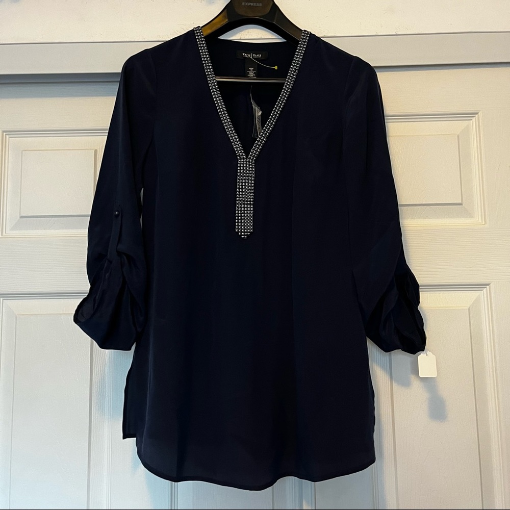 NWT White House Black Market Navy Silk Top Sz 10